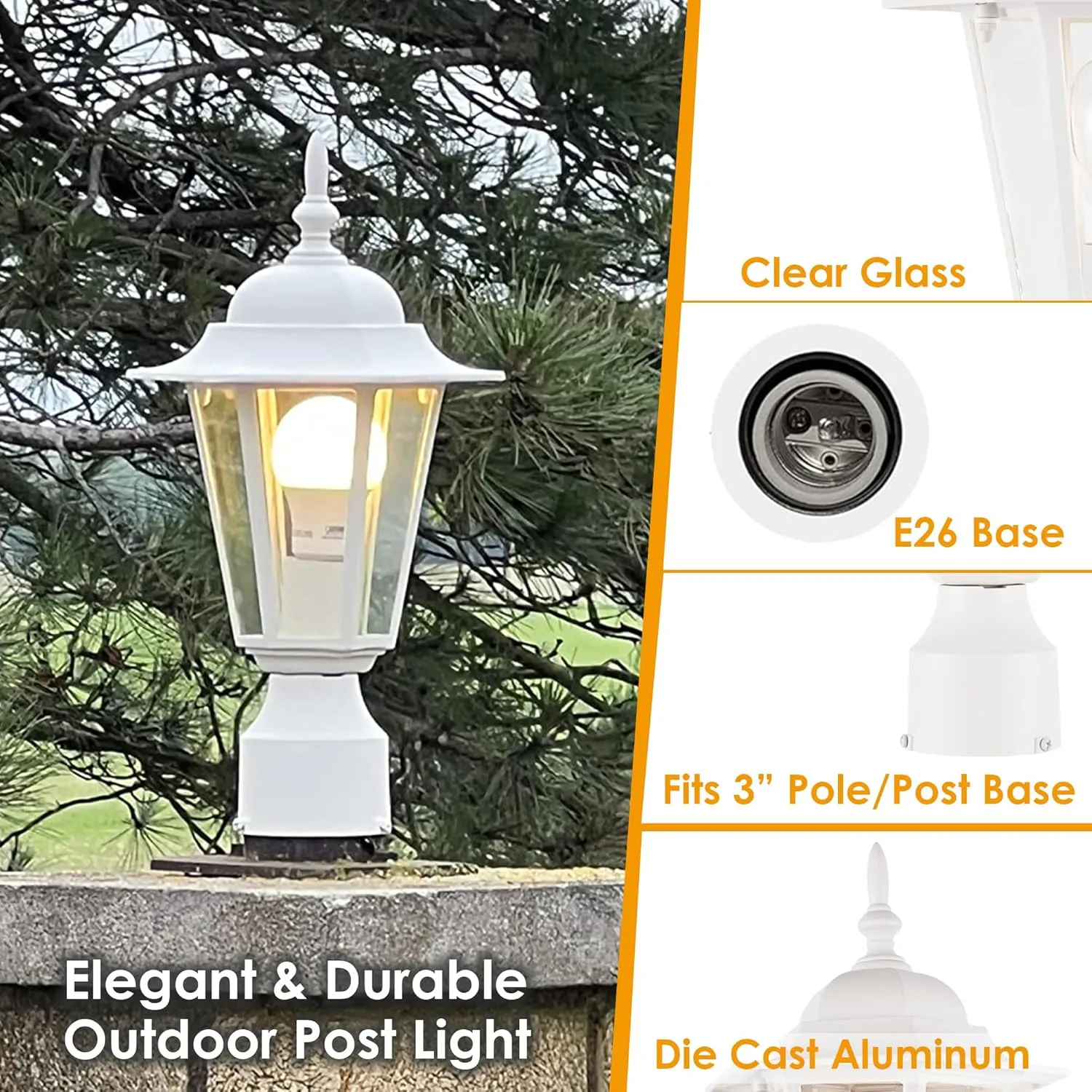 GRUENLICH Outdoor Post Lighting Fixture Pole Lantern, E26 Medium Base Max 60W, Aluminum Housing Plus Glass, Bulb Not Included, White Finish, 1 Pack