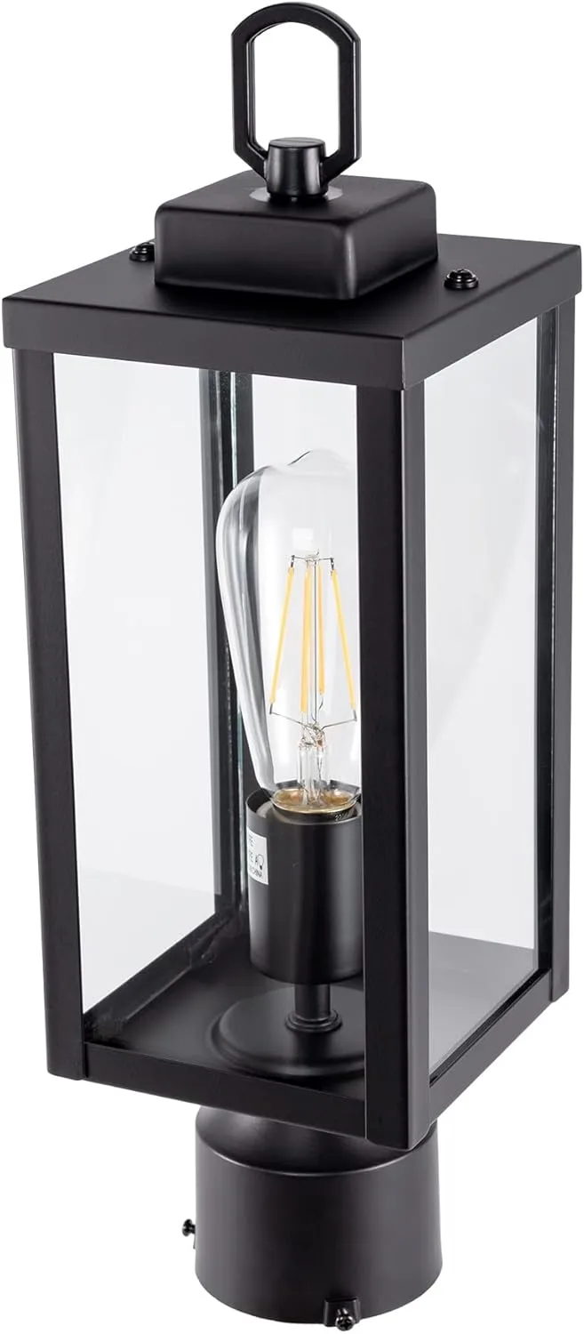 GRUENLICH Outdoor Post Lighting Fixture Pole Lantern, E26 Medium Base Max 60W, Metal Housing Plus Glass, Matte Black Finish, Bulb Not Included, 2 Pack