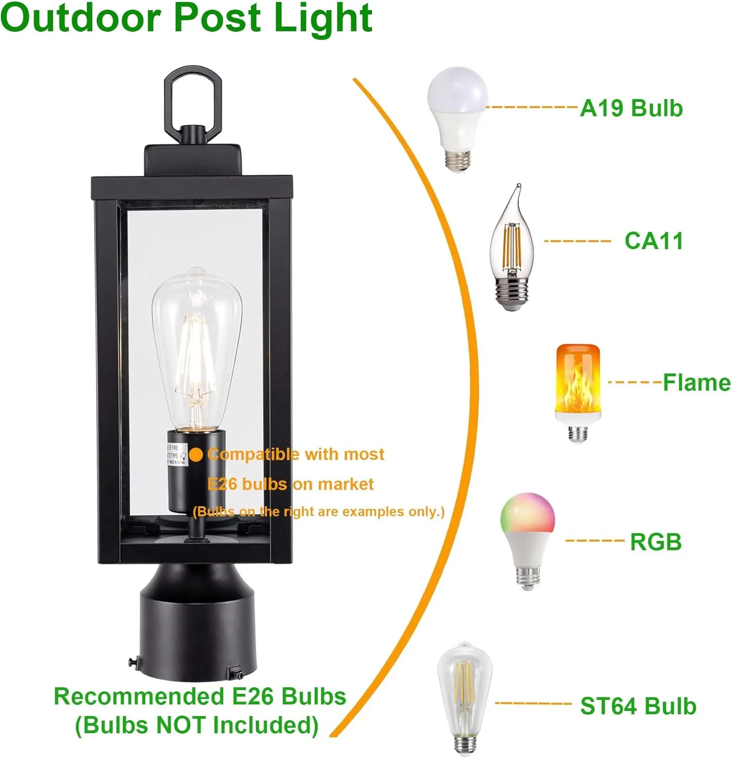 GRUENLICH Outdoor Post Lighting Fixture Pole Lantern, E26 Medium Base Max 60W, Metal Housing Plus Glass, Matte Black Finish, Bulb Not Included, 2 Pack