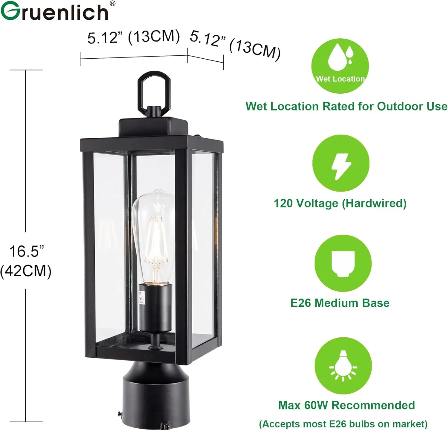 GRUENLICH Outdoor Post Lighting Fixture Pole Lantern, E26 Medium Base Max 60W, Metal Housing Plus Glass, Matte Black Finish, Bulb Not Included, 2 Pack