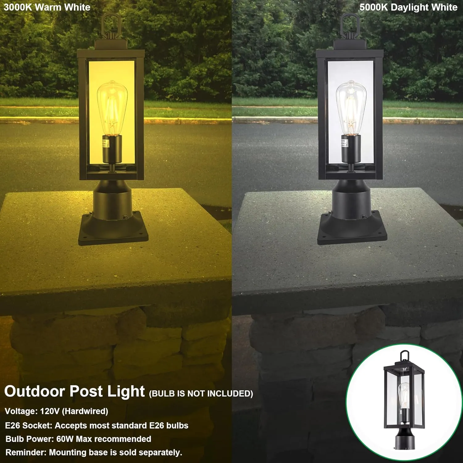 GRUENLICH Outdoor Post Lighting Fixture Pole Lantern, E26 Medium Base Max 60W, Metal Housing Plus Glass, Matte Black Finish, Bulb Not Included, 2 Pack