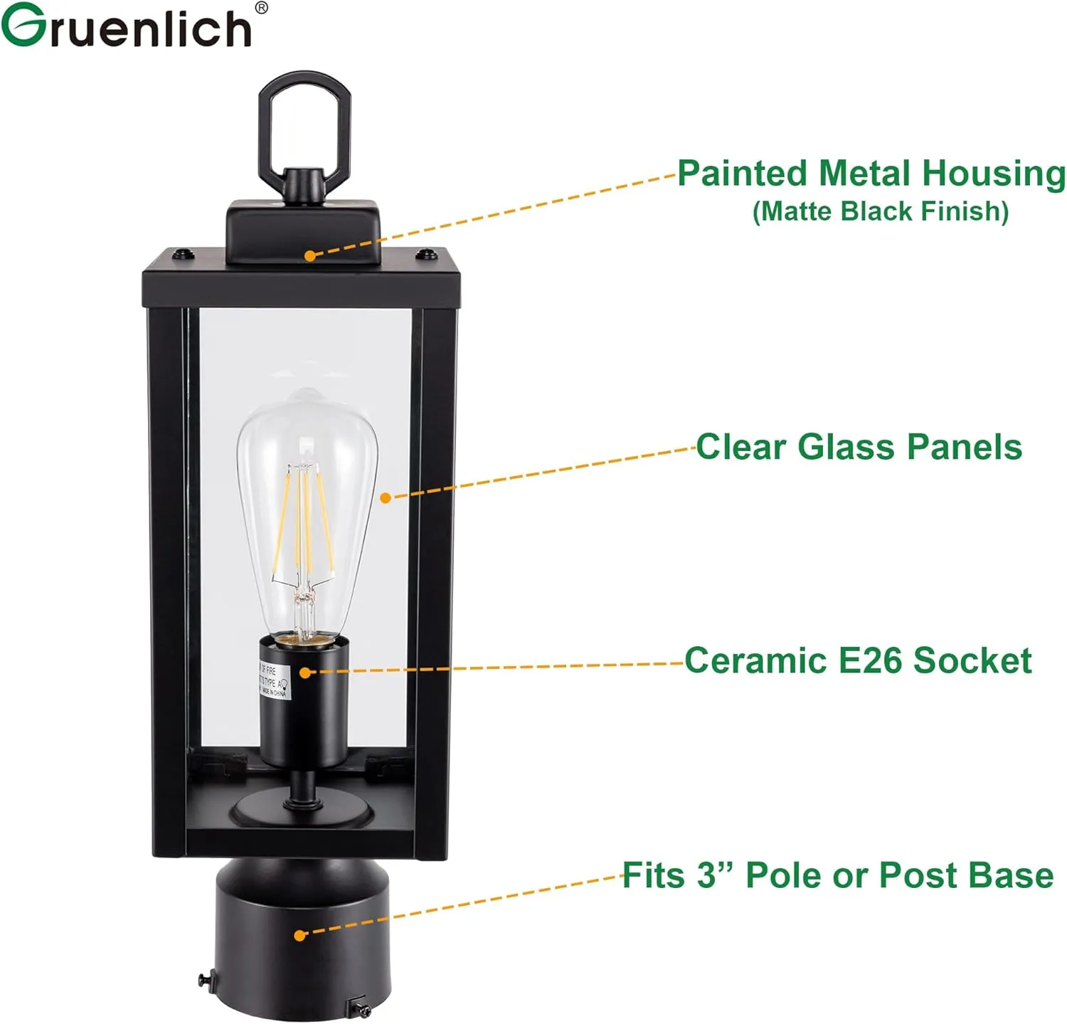 GRUENLICH Outdoor Post Lighting Fixture Pole Lantern, E26 Medium Base Max 60W, Metal Housing Plus Glass, Matte Black Finish, Bulb Not Included, 2 Pack
