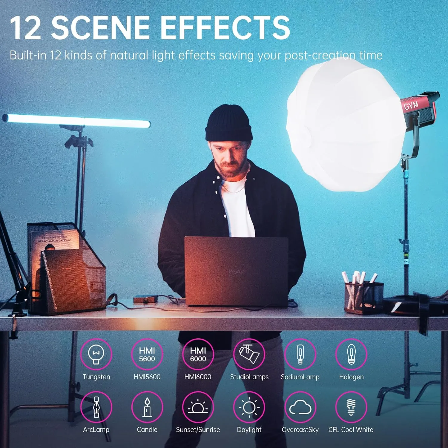 GVM 300W Photo Lighting RGB Video Light with Bowens Holder Lantern Softbox and Stand CRI 97  CCT 2000K~10000K 6 Lighting Scenarios Application Program Controlled Studio Photo Lights