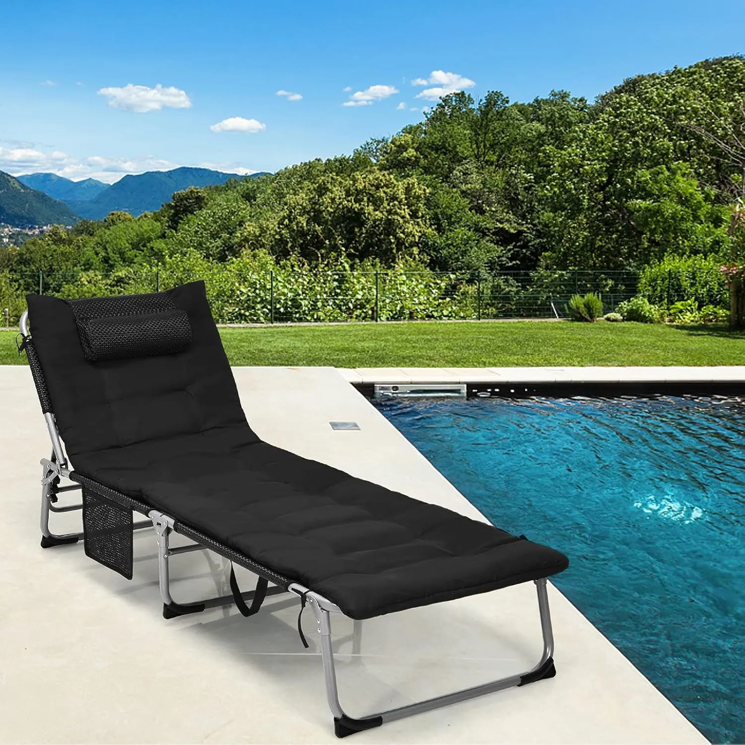 GYMAX Camping Cot, 27” Lounge Chair Outdoor w/Mattress, Headrest, Side Pocket & Carry Strap, 3 in 1 Folding Layout Tanning Lounger, Portable Sleeping Bed for Adults, Lawn, Beach (1, Black)