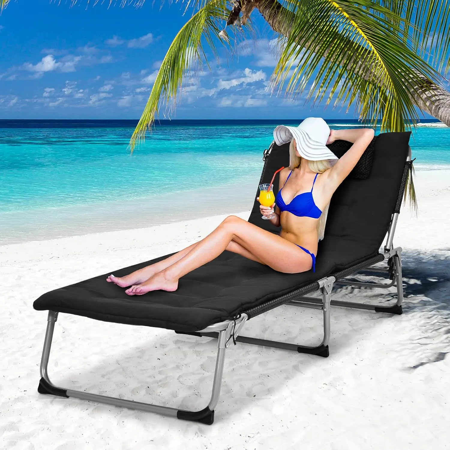 GYMAX Camping Cot, 27” Lounge Chair Outdoor w/Mattress, Headrest, Side Pocket & Carry Strap, 3 in 1 Folding Layout Tanning Lounger, Portable Sleeping Bed for Adults, Lawn, Beach (1, Black)