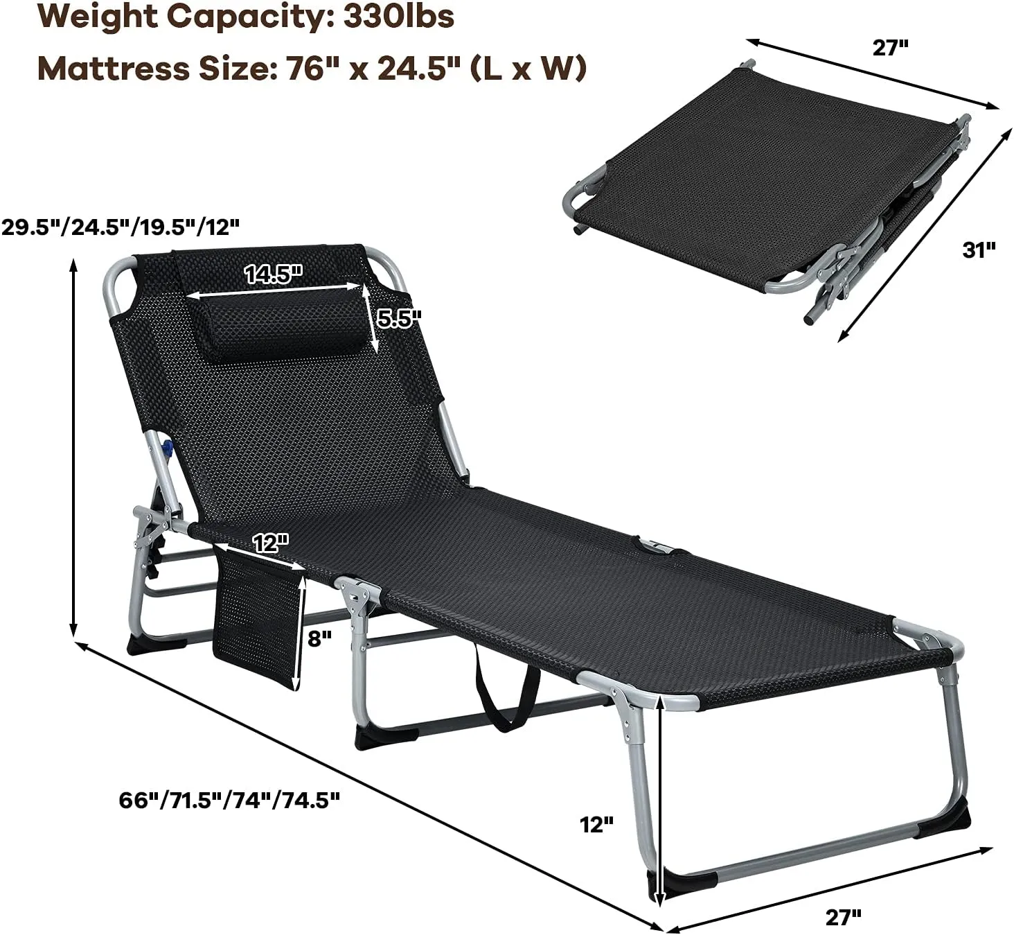 GYMAX Camping Cot, 27” Lounge Chair Outdoor w/Mattress, Headrest, Side Pocket & Carry Strap, 3 in 1 Folding Layout Tanning Lounger, Portable Sleeping Bed for Adults, Lawn, Beach (1, Black)