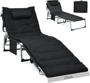 GYMAX Camping Cot, 27” Lounge Chair Outdoor w/Mattress, Headrest, Side Pocket & Carry Strap, 3 in 1 Folding Layout Tanning Lounger, Portable Sleeping Bed for Adults, Lawn, Beach (1, Black)
