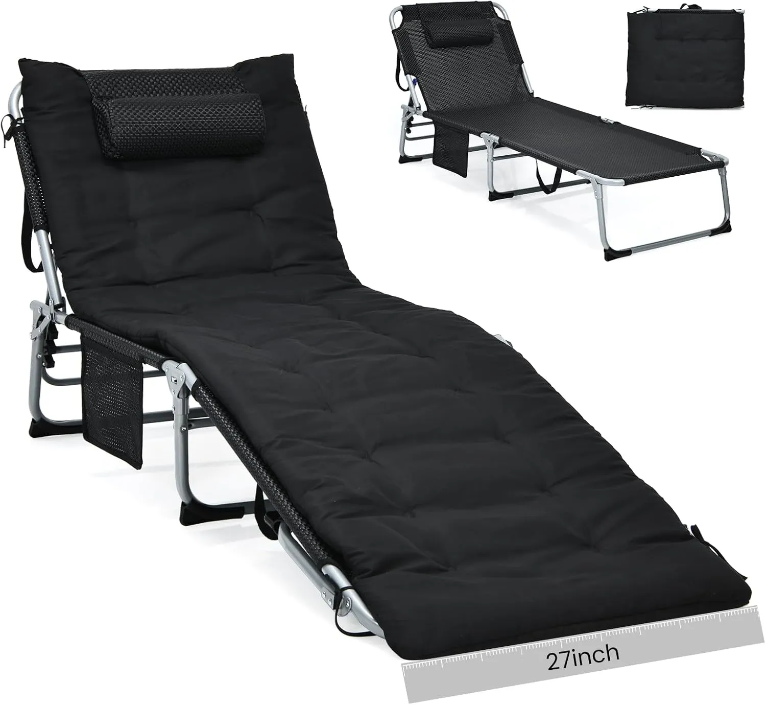 GYMAX Camping Cot, 27” Lounge Chair Outdoor w/Mattress, Headrest, Side Pocket & Carry Strap, 3 in 1 Folding Layout Tanning Lounger, Portable Sleeping Bed for Adults, Lawn, Beach (1, Black)