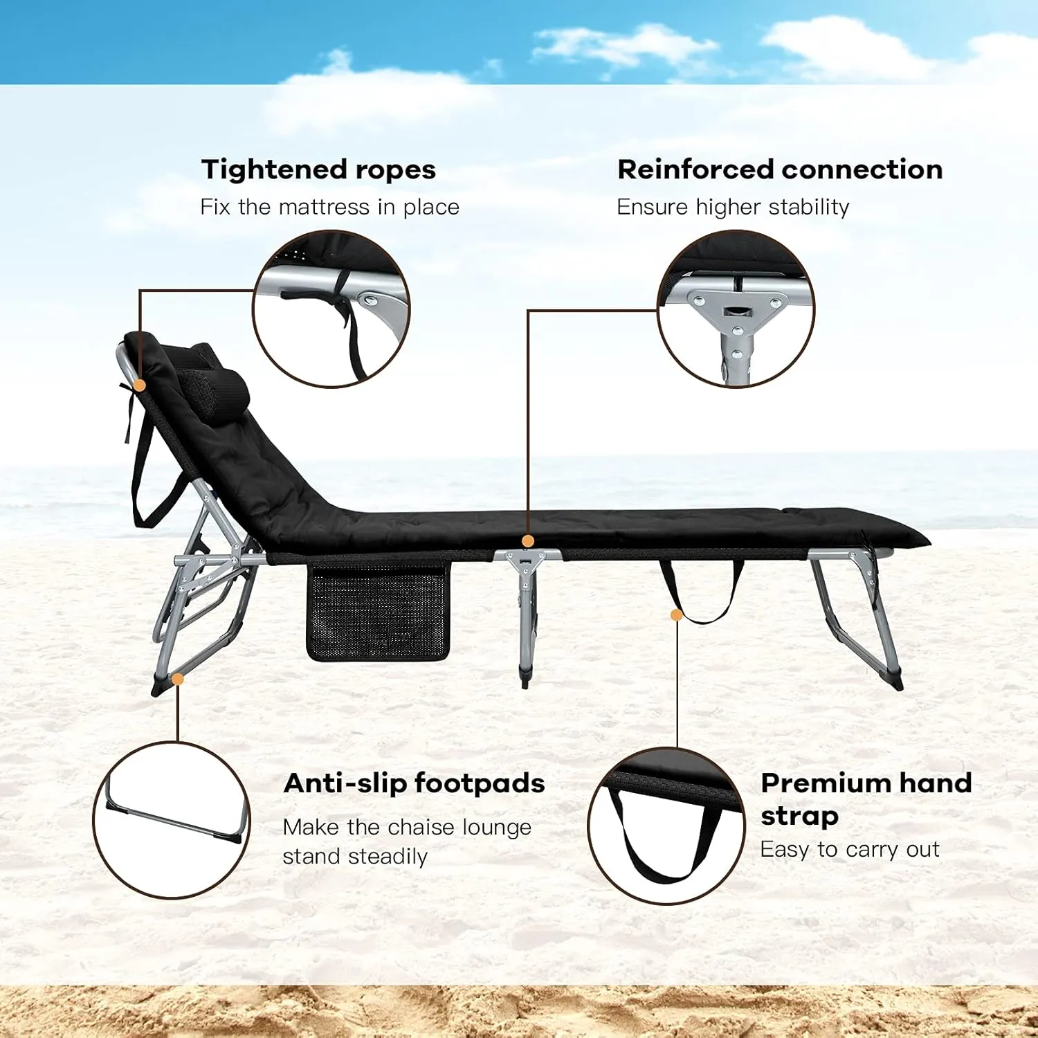 GYMAX Camping Cot, 27” Lounge Chair Outdoor w/Mattress, Headrest, Side Pocket & Carry Strap, 3 in 1 Folding Layout Tanning Lounger, Portable Sleeping Bed for Adults, Lawn, Beach (1, Black)