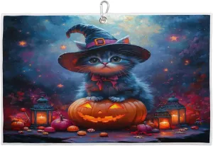 Halloween Watercolor Pumpkin Cat Golf Towel with Heavy Duty Carabiner Clip Quick Dry Ultra Absorbent Club Ball Cleaning Towel Golf Accessories for Men Women