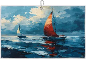Hand Painted Watercolor Sailboat Ocean Golf Towel with Heavy Duty Carabiner Clip Quick Dry Ultra Absorbent Club Ball Cleaning Towel Golf Accessories for Men Women