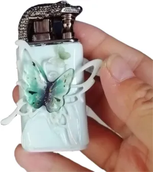 Handmade Embossed Butterfly Metal Lighters - Vintage Style Dual Flame Switchable, Windproof Refillable and Adjustable for Candles, Home, Gifts (Fuel Not Included)(Green1)
