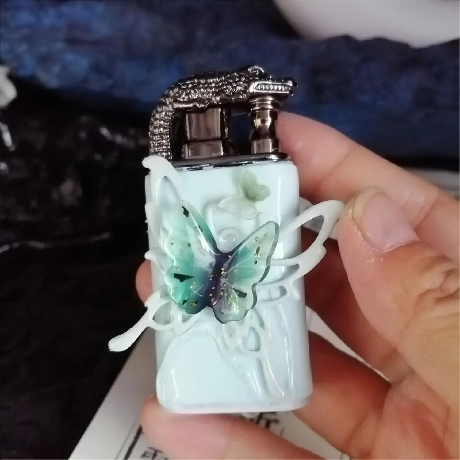 Handmade Embossed Butterfly Metal Lighters - Vintage Style Dual Flame Switchable, Windproof Refillable and Adjustable for Candles, Home, Gifts (Fuel Not Included)(Green1)