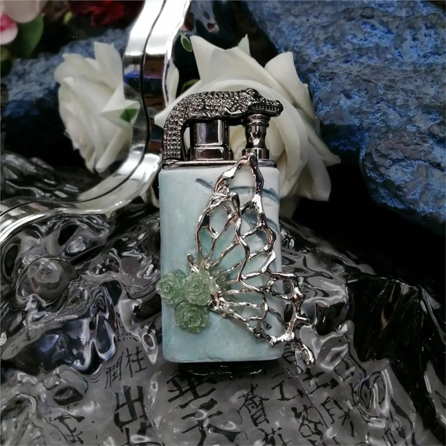 Handmade Embossed Butterfly Metal Lighters - Vintage Style Dual Flame Switchable, Windproof Refillable and Adjustable for Candles, Home, Gifts (Fuel Not Included)(Green1)