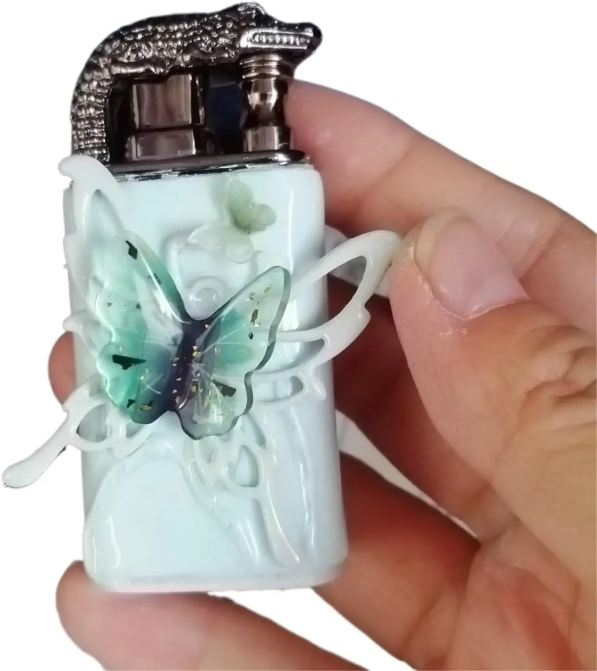 Handmade Embossed Butterfly Metal Lighters - Vintage Style Dual Flame Switchable, Windproof Refillable and Adjustable for Candles, Home, Gifts (Fuel Not Included)(Green1)
