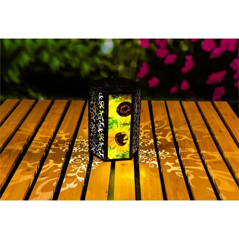 Handpainted Embossed Glass and Metal Solar Lantern, Fall Sunflower,5.91"x5.31"x8.27"inches