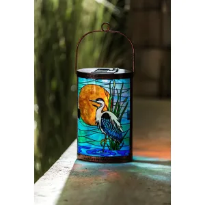 Handpainted Solar Glass Lantern, Blue Heron,2sp7051