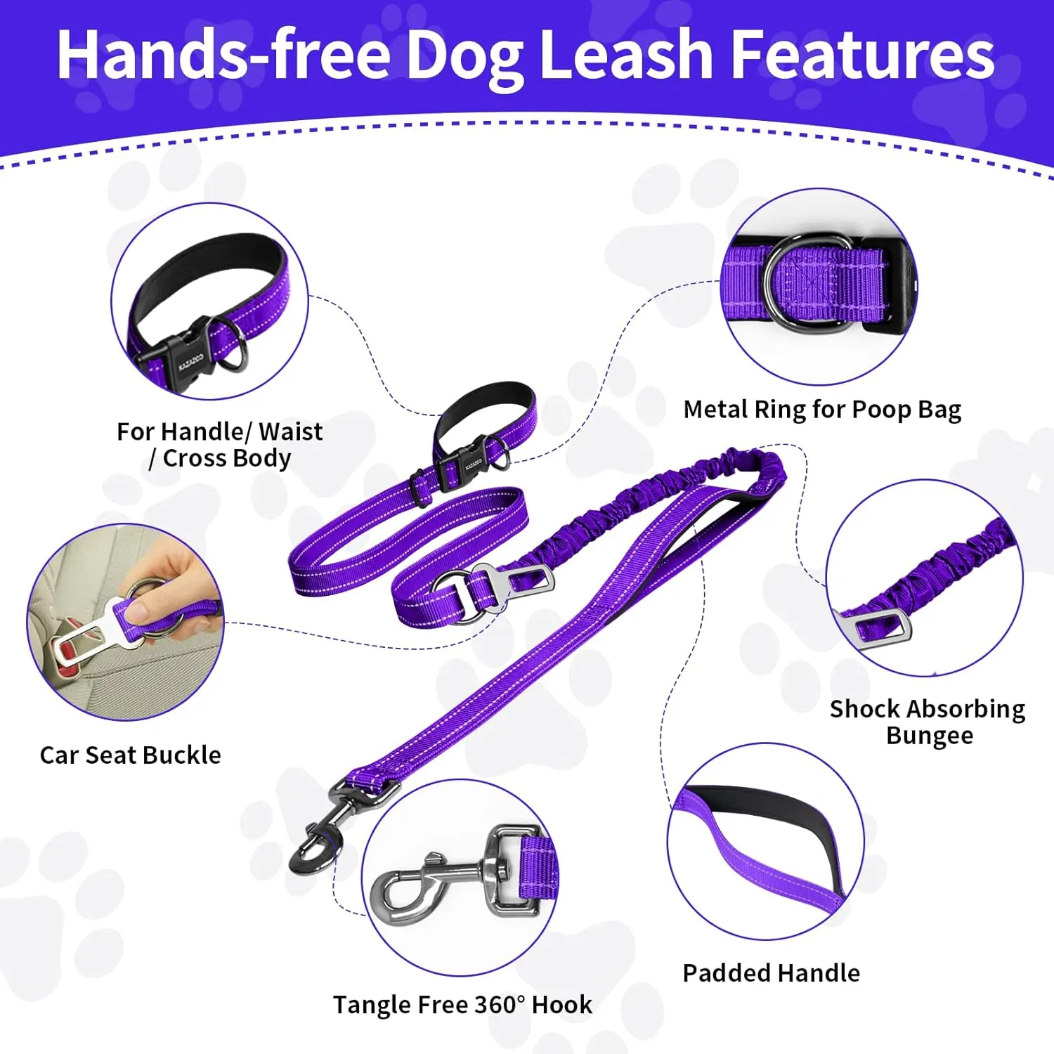 ​Hands Free Dog Leash for Large Dogs ​Adjustable 6 to 9 Feet ​Heavy Duty with ​No Pull Bungee & ​Reflective Ideal for ​Running, ​Jogging, ​Leash ​Carabiner for Ultimate Convenience Purple