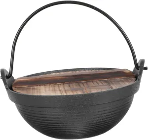 Happyyami Cast Iron Hanging Pot Outdoors Big Pot Outdoor Camping Cookware and Enamel Large Pan with Lid Steel Camping Cooking Utensil Japanese Cookware Shabu Pan Cooking Wok Iron