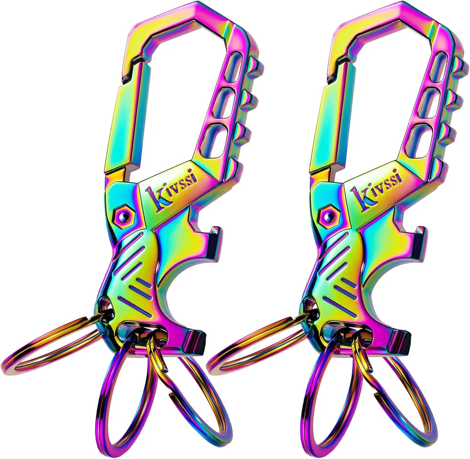 Heavy duty metal keychains, Carabiner clip Car key chains,Fashion family keychain bottle opener and 3 Key Rings suitable for men and women.（Multicolor-2pcs）