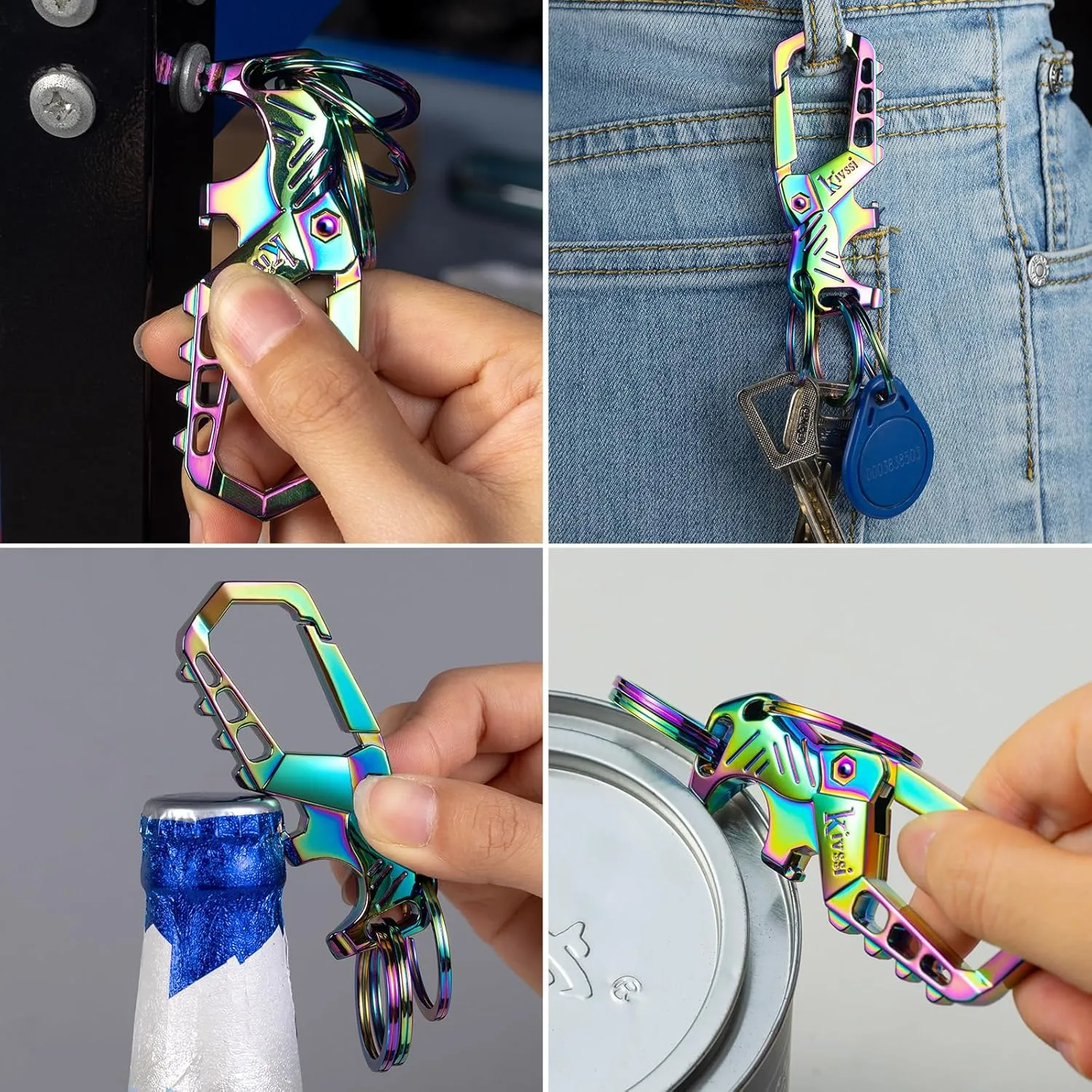 Heavy duty metal keychains, Carabiner clip Car key chains,Fashion family keychain bottle opener and 3 Key Rings suitable for men and women.（Multicolor-2pcs）