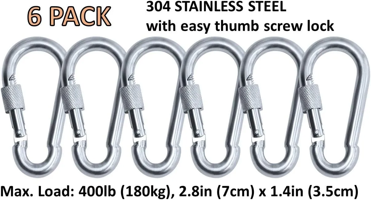 Heavy Duty Stainless Steel Thumb Screw Locking Carabiner Spring Snap Clip Link Hooks. 200-400lb Load. 6 Packs and 12 Packs