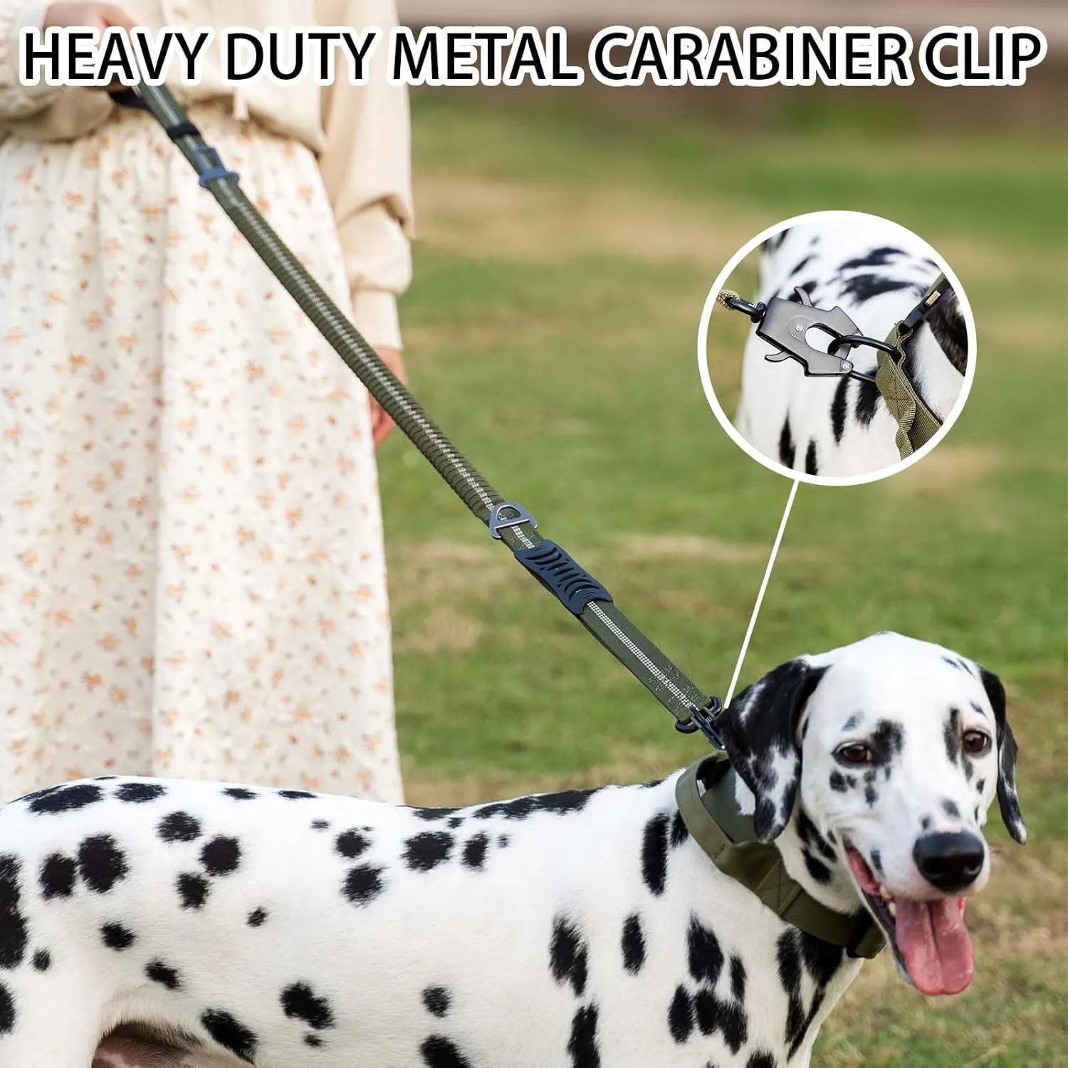 Heavy Duty Tactical Bungee Dog Leash, 4-6FT Shock Absorbing Tactical Dog Leash with 2 Padded Handles, Metal Carabiner Clip, Car Seatbelt, Reflective for Medium Large Dogs (ArmyGreen)