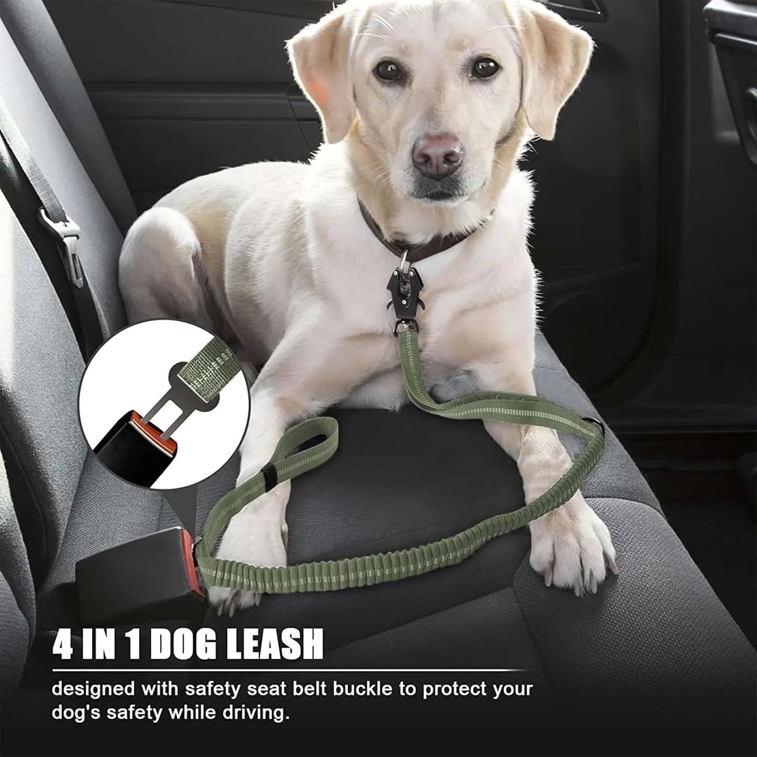 Heavy Duty Tactical Bungee Dog Leash, 4-6FT Shock Absorbing Tactical Dog Leash with 2 Padded Handles, Metal Carabiner Clip, Car Seatbelt, Reflective for Medium Large Dogs (ArmyGreen)