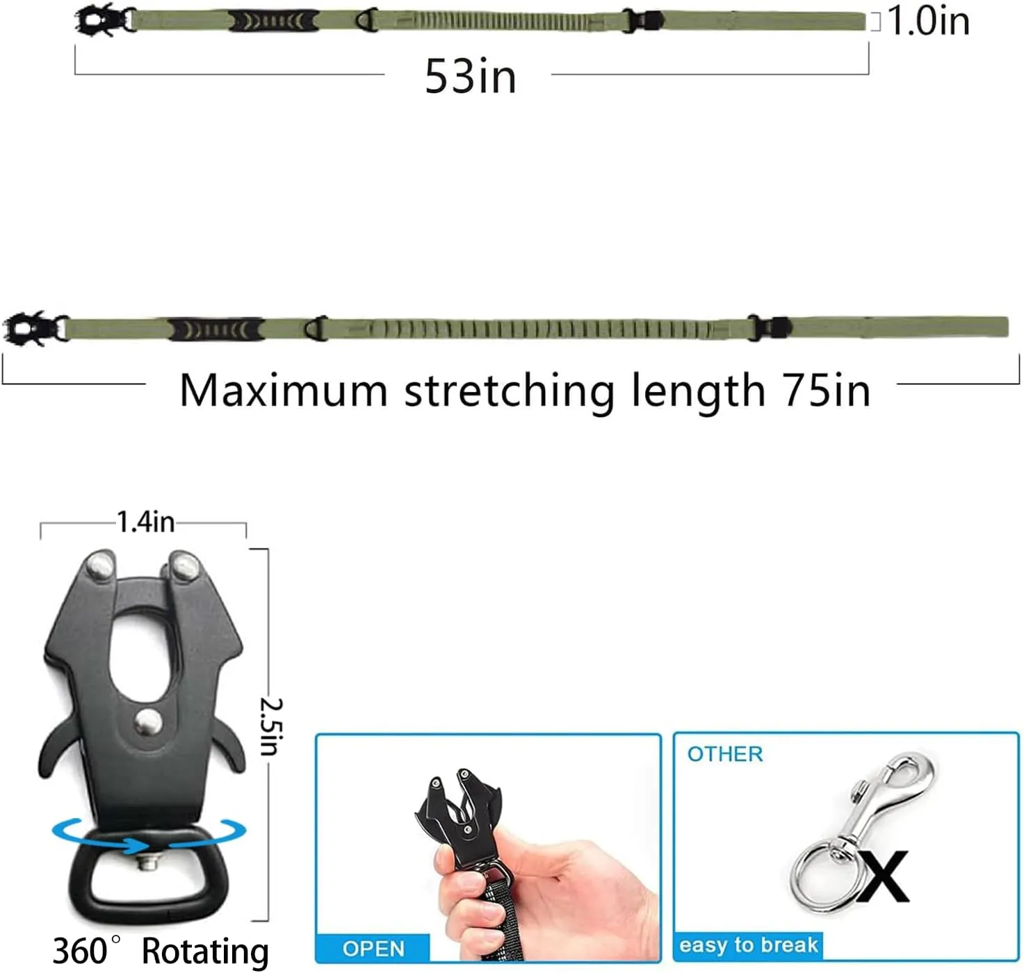 Heavy Duty Tactical Bungee Dog Leash, 4-6FT Shock Absorbing Tactical Dog Leash with 2 Padded Handles, Metal Carabiner Clip, Car Seatbelt, Reflective for Medium Large Dogs (ArmyGreen)