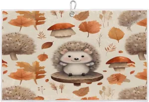 Hedgehogs Mushrooms Leaves Golf Towel with Heavy Duty Carabiner Ultra Absorbent Quick Dry Perfect for Cleaning Clubs Balls Gear Essential Golf Accessory for Men Women Kids