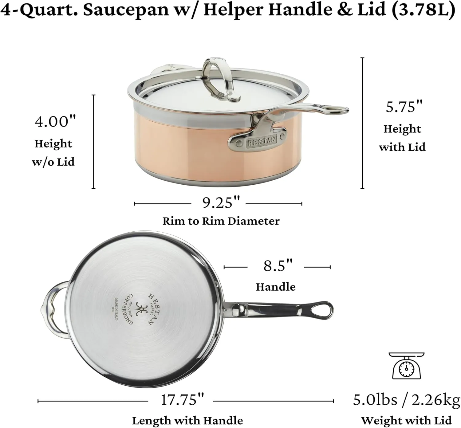 Hestan - CopperBond Collection - 100% Pure Copper Sauce Pan, Induction Cooktop Compatible, 4 Quart