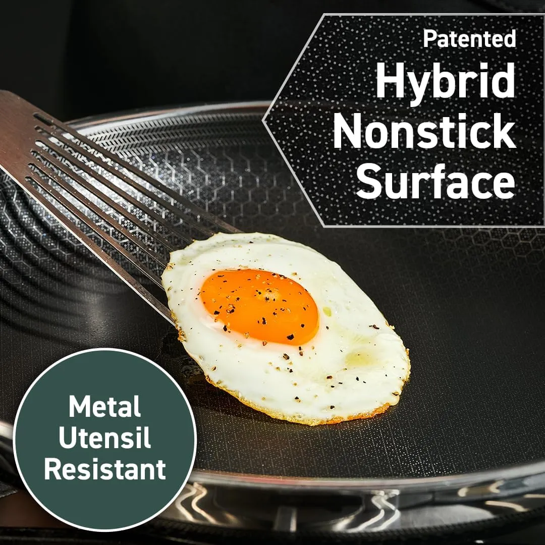 HexClad Hybrid Nonstick 8-Inch Frying Pan with Tempered Glass Lid, Stay-Cool Handle, Dishwasher-Friendly, Oven-Safe Up to 900°F, Induction-Ready, Compatible with All Cooktops
