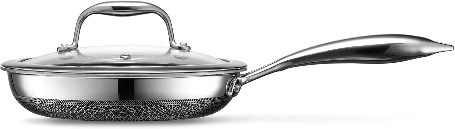 HexClad Hybrid Nonstick 8-Inch Frying Pan with Tempered Glass Lid, Stay-Cool Handle, Dishwasher-Friendly, Oven-Safe Up to 900°F, Induction-Ready, Compatible with All Cooktops