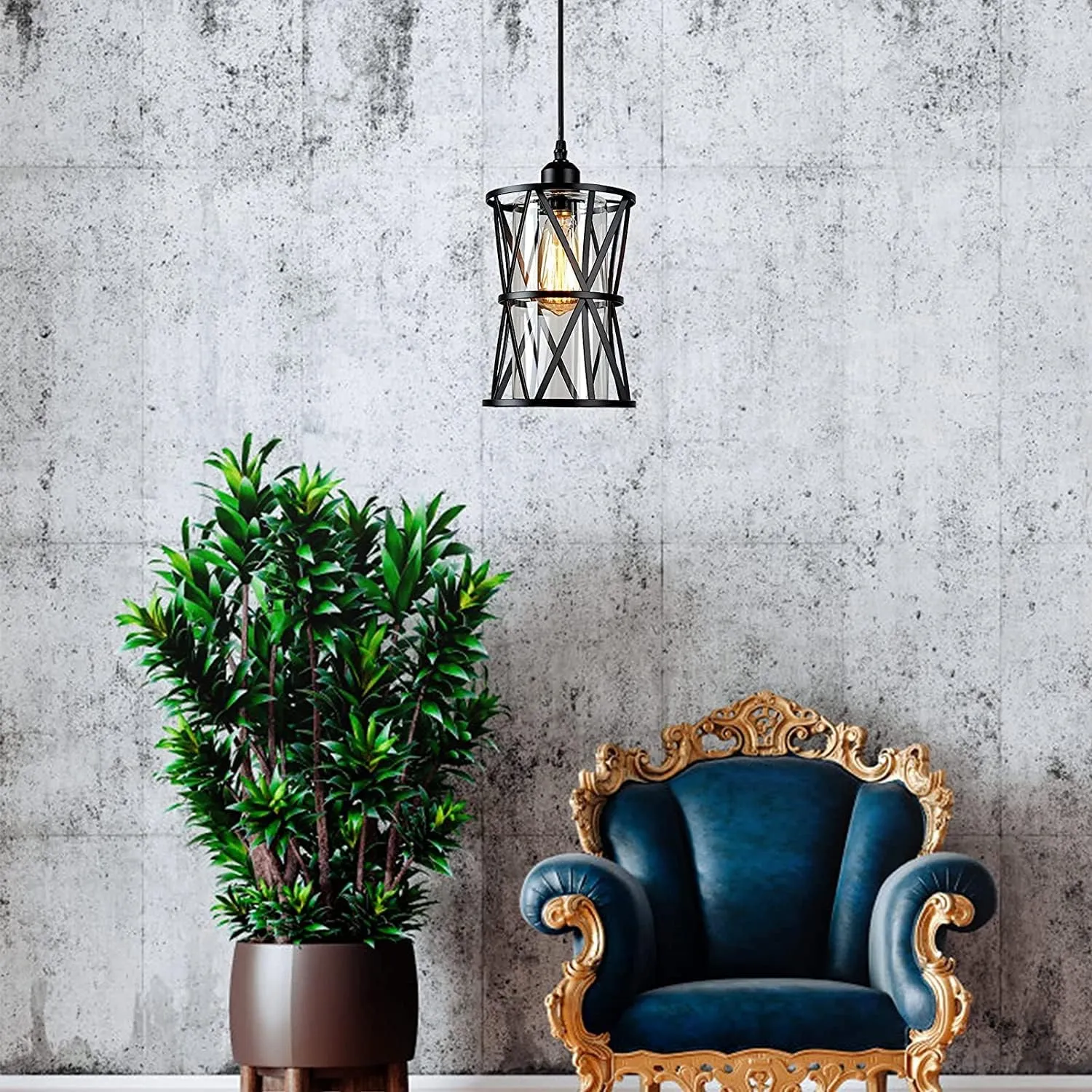 HMVPL Farmhouse Plug in Pendant Light, Outdoor Swag Lamp with Plug in Cord On/Off Dimmer, Plug in Hanging Light Fixture for Dining Room Bedroom Kitchen Island(1 Pack)