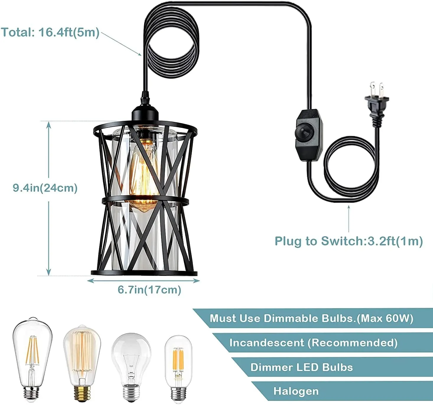 HMVPL Farmhouse Plug in Pendant Light, Outdoor Swag Lamp with Plug in Cord On/Off Dimmer, Plug in Hanging Light Fixture for Dining Room Bedroom Kitchen Island(1 Pack)