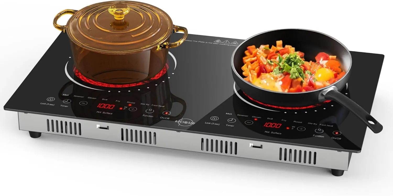 Hobsir 2 Burner Electric Cooktop 110v, Double Electric Stove Top Burner, 24 Inch Countertop and Built-in Hot Plate Stove with Plug, LED Touch, Menu, Safety Lock for Kitchen Apartment RV Camp Stoves