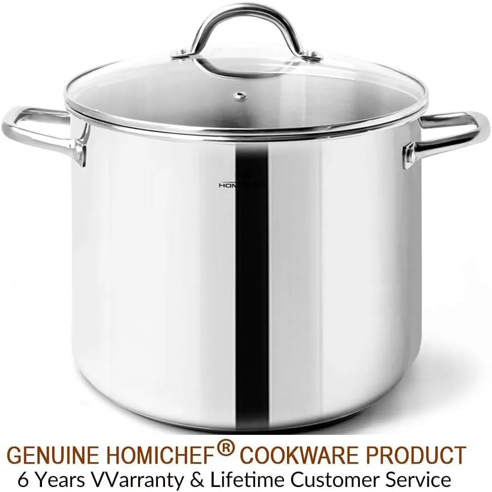 HOMICHEF 10 Quart Stock Pot With Glass Lid - Nickel Free Stainless Steel 10 Qt Pot With Handle - Mirror Polished Stock Pot 10 Quart - Induction Pot Cooking Pot With Lid - Healthy Stock Pot