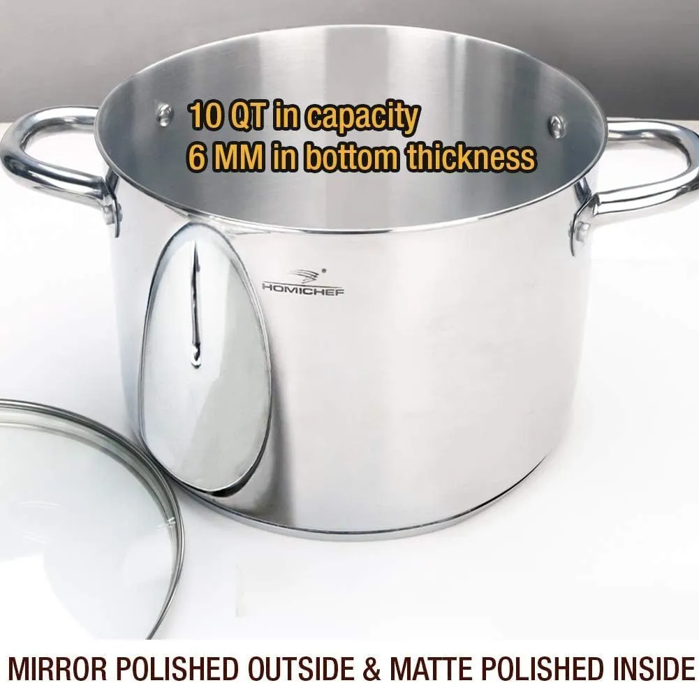 HOMICHEF 10 Quart Stock Pot With Glass Lid - Nickel Free Stainless Steel 10 Qt Pot With Handle - Mirror Polished Stock Pot 10 Quart - Induction Pot Cooking Pot With Lid - Healthy Stock Pot