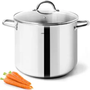 HOMICHEF 10 Quart Stock Pot With Glass Lid - Nickel Free Stainless Steel 10 Qt Pot With Handle - Mirror Polished Stock Pot 10 Quart - Induction Pot Cooking Pot With Lid - Healthy Stock Pot