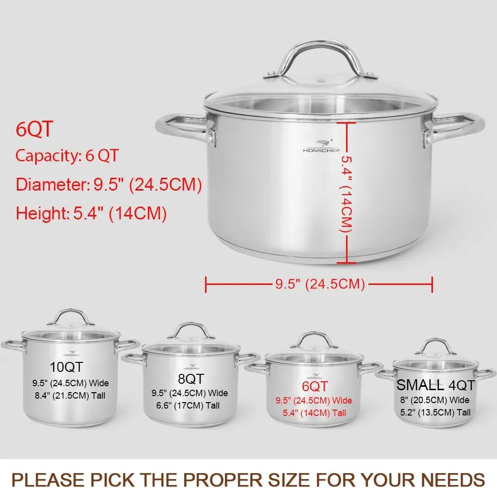 HOMICHEF Nickel Free Stainless Steel Stock Pot - 6 Quart with Lid and Handle - Ideal for Soup, Sauce, and Induction Cooking