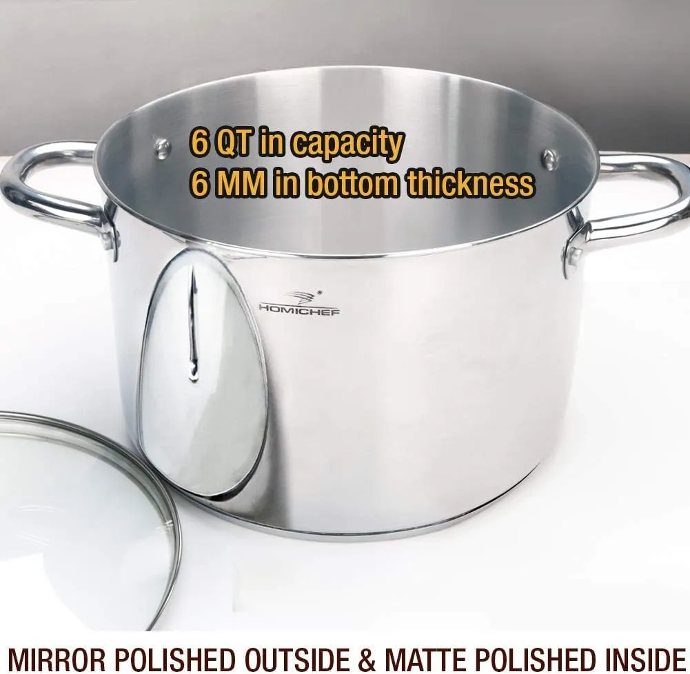 HOMICHEF Nickel Free Stainless Steel Stock Pot - 6 Quart with Lid and Handle - Ideal for Soup, Sauce, and Induction Cooking