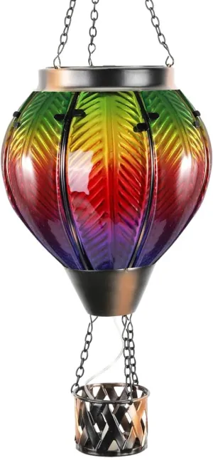 Hot Air Balloon Solar Lantern with Candle Holder Glass Solar Hot Air Balloon Lantern with Flame Solar Hanging Hot Air Balloons Decor for Trees Patio Garden Yard Porch Decor, Multi-Color