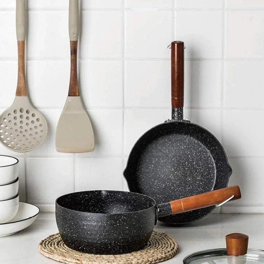 Household Kitchen Aluminum Non-Stick Stone Pot Soup Pot Milk Pan with Wooden Handle, for Frying, Roasting, Stewing, Frying or Grilling.-20cm