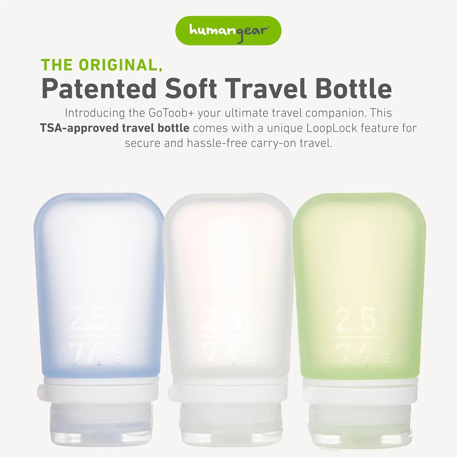 humangear GoToob  3-Pack (Medium) | Refillable Silicone Travel Bottle | Locking Lid | Food-Safe Material, Clear/Green/Blue, Medium (2.5 fl.oz.; 74ml)