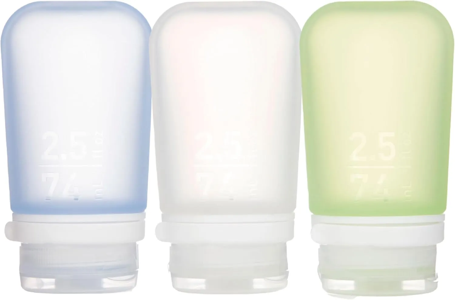 humangear GoToob  3-Pack (Medium) | Refillable Silicone Travel Bottle | Locking Lid | Food-Safe Material, Clear/Green/Blue, Medium (2.5 fl.oz.; 74ml)