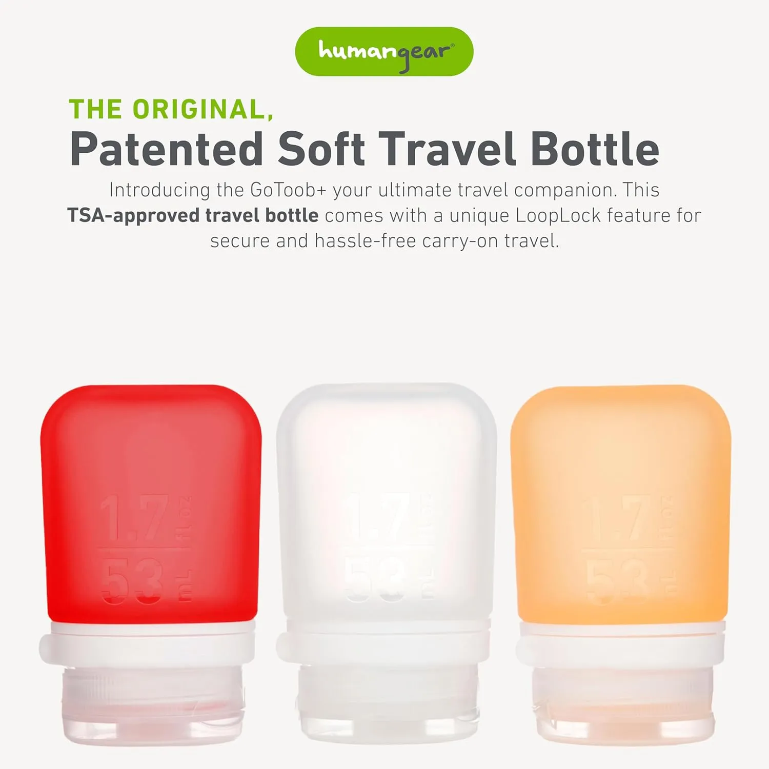 humangear GoToob  3-Pack (Small) | Refillable Silicone Travel Bottle | Locking Lid | Food-Safe Material, Clear/Red/Orange, Small (1.7 fl.oz; 53ml)