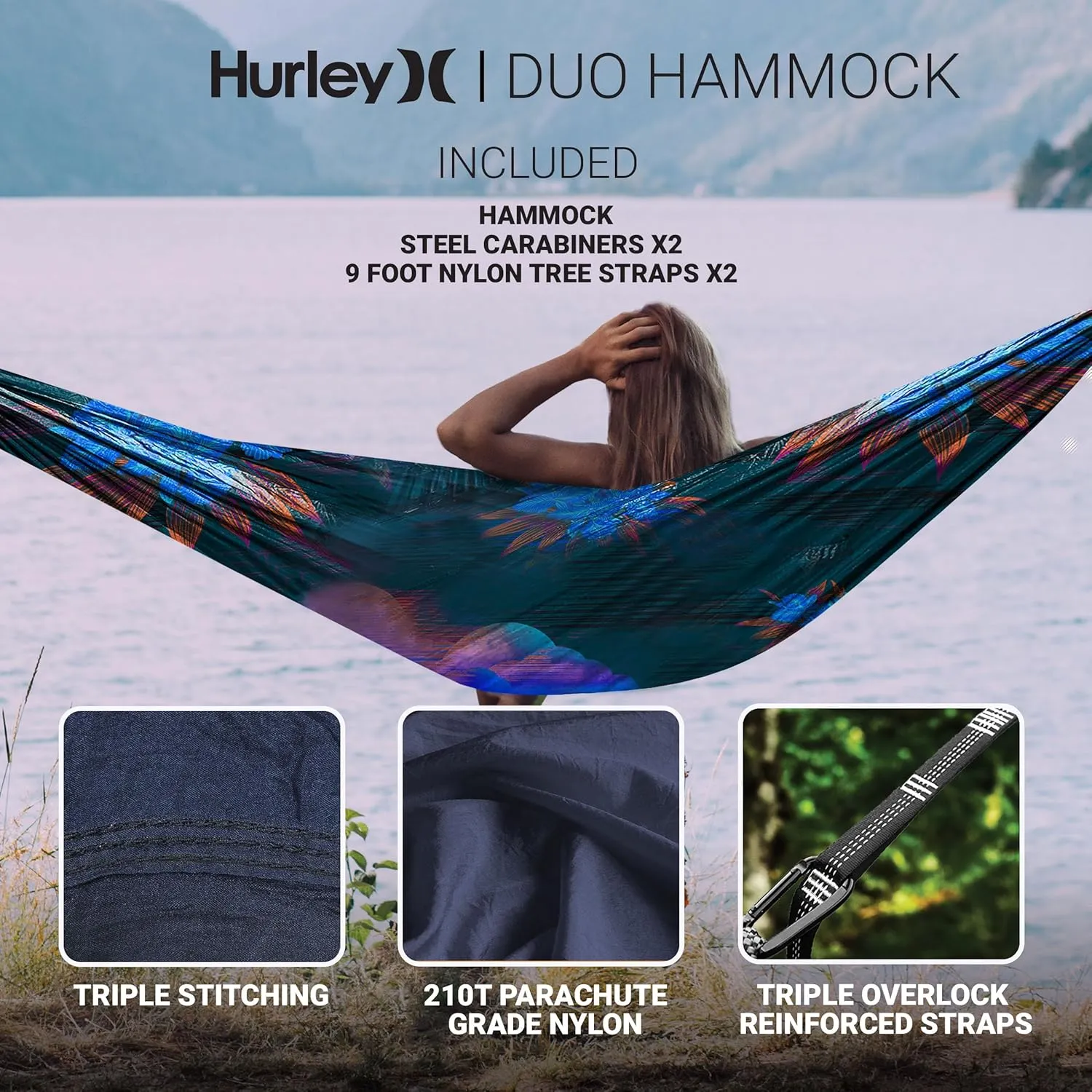 Hurley Uno Camping Hammock - 1 Person Portable Hammock for Camping, Heavy Duty Hammock, Parachute Nylon Fabric - Camping Accessories & Gear for Outdoor Activities - Holds Up to 400lbs, Mix, 108 x 54