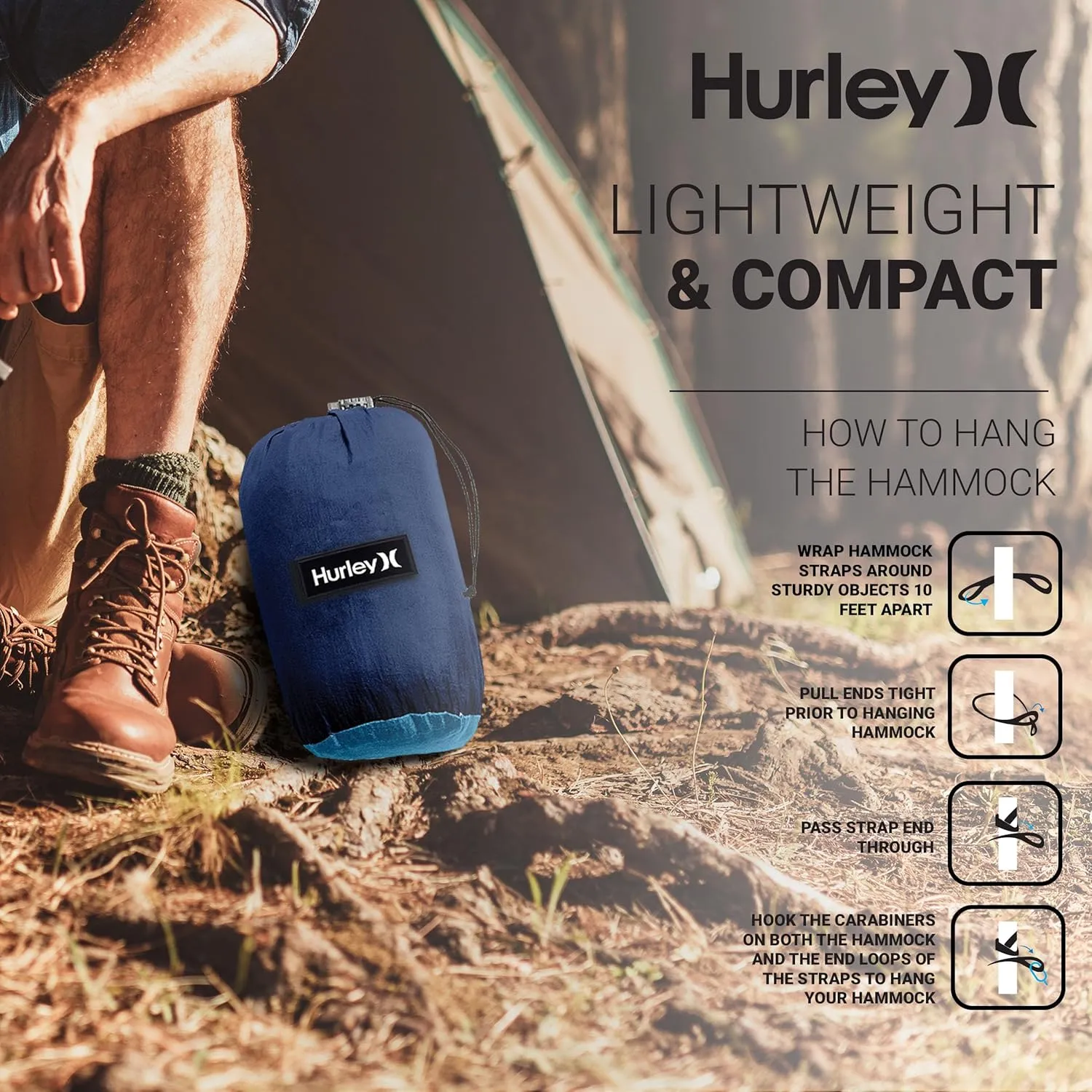 Hurley Uno Camping Hammock - 1 Person Portable Hammock for Camping, Heavy Duty Hammock, Parachute Nylon Fabric - Camping Accessories & Gear for Outdoor Activities - Holds Up to 400lbs, Mix, 108 x 54
