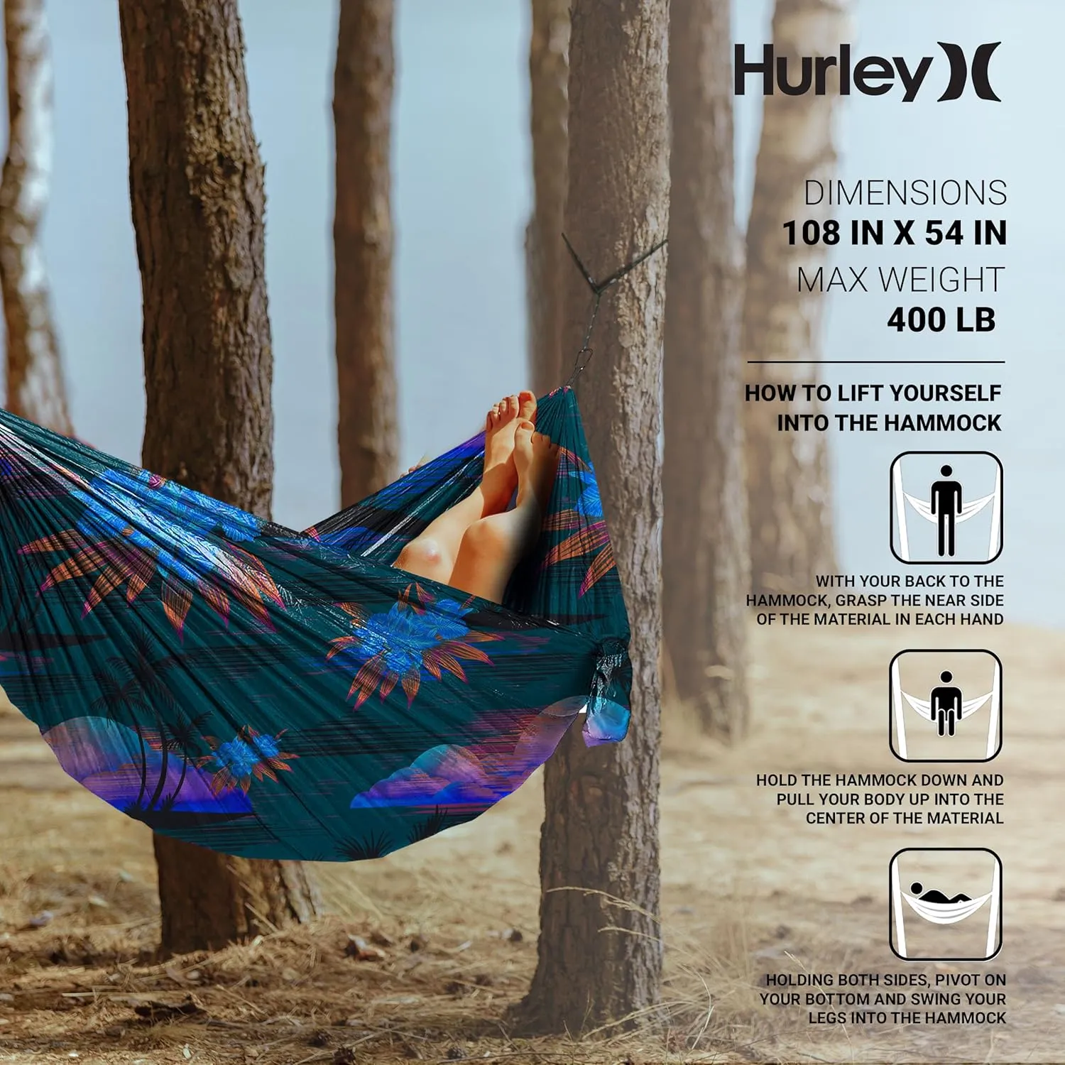 Hurley Uno Camping Hammock - 1 Person Portable Hammock for Camping, Heavy Duty Hammock, Parachute Nylon Fabric - Camping Accessories & Gear for Outdoor Activities - Holds Up to 400lbs, Mix, 108 x 54