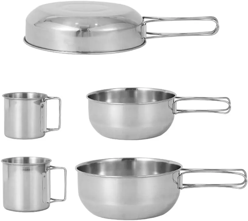 HXBER 5pcs Camping Cookware Set Outdoor Portable Picnic Cookware Kit Stainless Steel Travel Tableware Cooking Accessory Bowl Cups Pan Set
